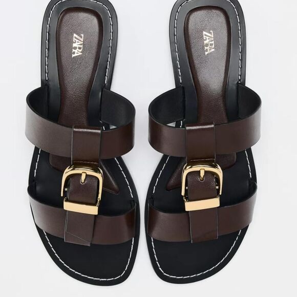 NWT Zara Boho Brown Double Strap Gold Buckle Sandal Slides US 10 / EU 41 - Picture 1 of 6